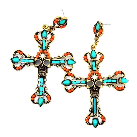 Unique Cross Skull Orange/Blue Stones Earrings - Picture 1 of 6